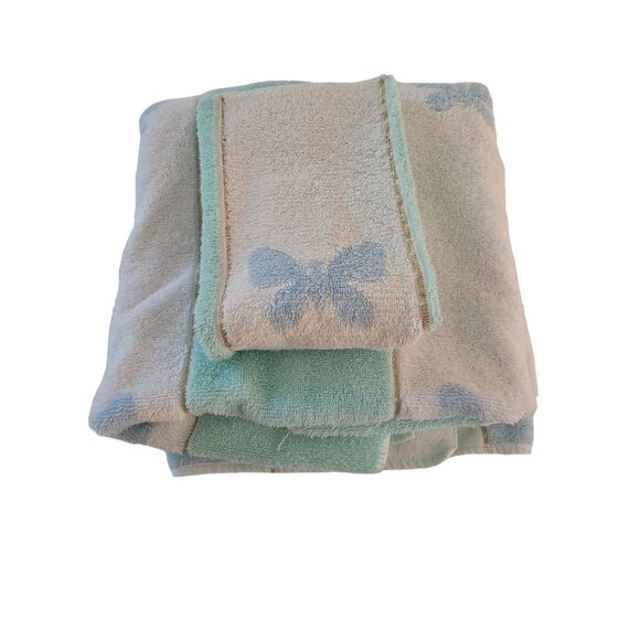 Butterfly Pattern Martex Classic Towels/Washcloth Set Pastel Blue Green Cotton - Picture 1 of 4